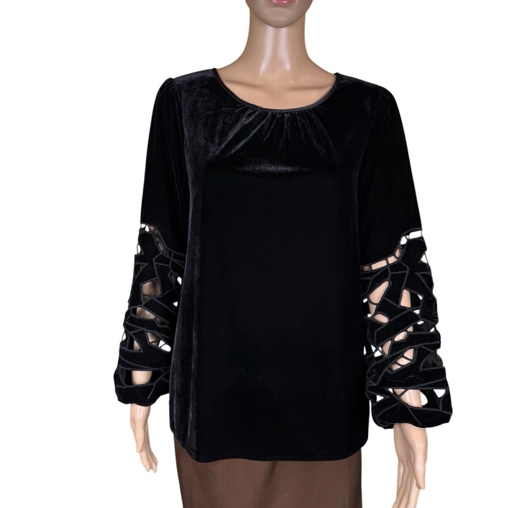 JOIE Black Velvet Long Sleeve Cut Outs Scoop Blouse Size M